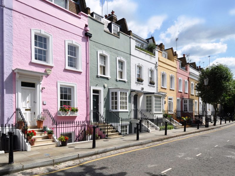 Colourful row of houses with sash windows in Gloucester